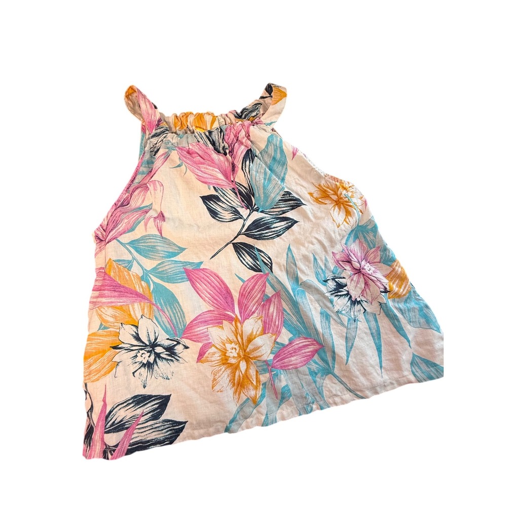 C&C California Women Linen Tropical Floral Halter Top White Pink Teal Medium